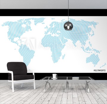 Bild på World map radial dot pattern Blue dots going from the center outwards and form the silhouette of the surface of the Earth under the Robinson projection llustration on white background